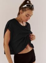 Women Short Sleeve Workout Shirts Open Back Tops Casual Yoga Y2k Athletic Gym Slouchy Crop Running Tees - Image 4
