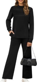 WIHOLL Two Piece Sets for Women Fall Travel Vacation Outfits Long Sleeve Lounge Sets Side Slit Wide Leg Pants S-3XL - Image 3