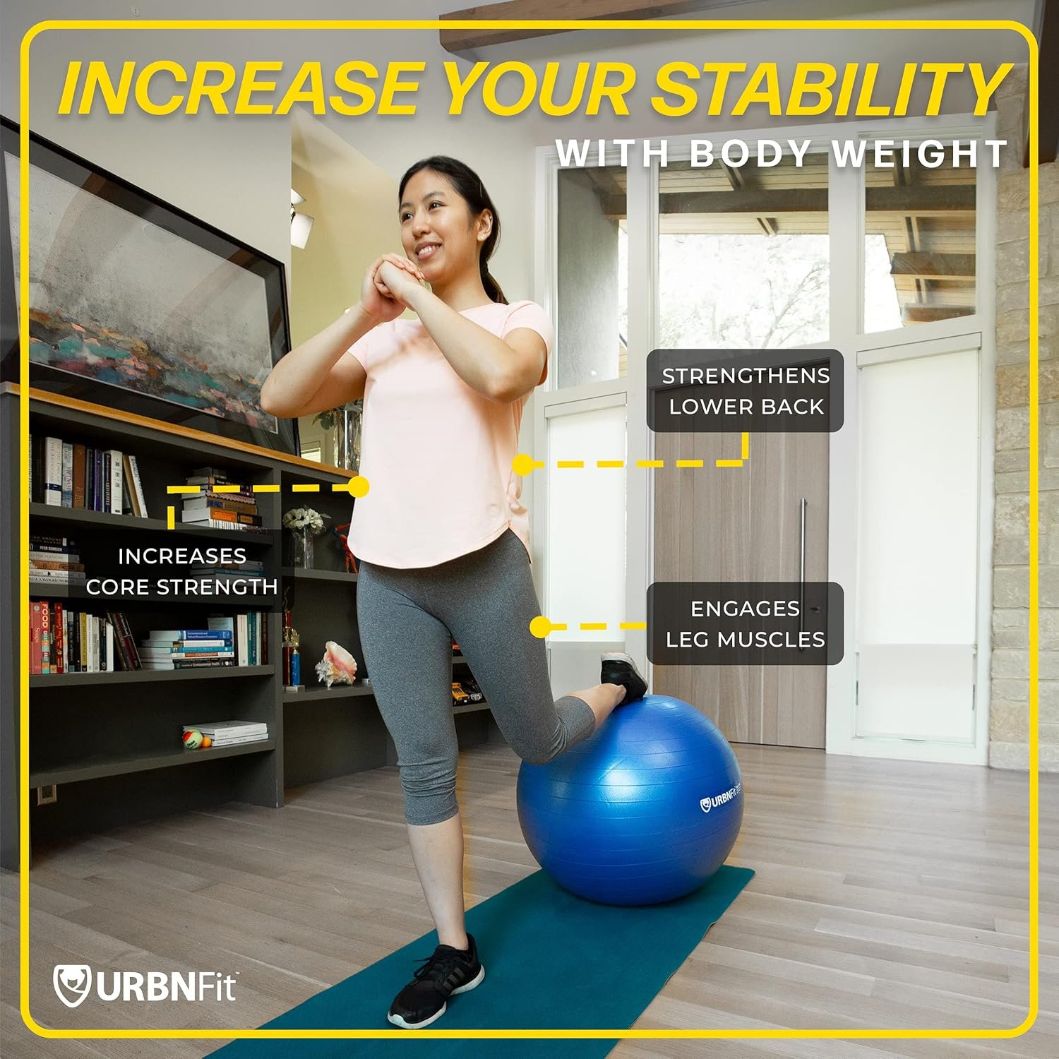 URBNFit Exercise & Pilates Yoga Ball - Multiple Sizes for Fitness, Pregnancy, Stability, Balance, Core Workout - Anti-Burst Swiss Balance Ball w/Quick Pump - Office, Home, Gym - Image 3