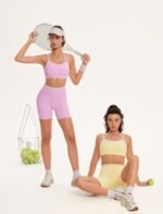 OMKAGI Workout Sets for Women Cute Doubel Layer Open Back Sports Bras Gym Shorts Outfits - Image 3