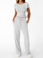 Trendy Queen 2 Piece Matching Summer Sweatsuit Lounge Set Womens Wide Leg Pants Side Ruching Crop Top Sets - Image 3
