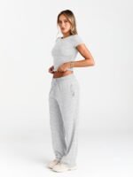 Trendy Queen 2 Piece Matching Summer Sweatsuit Lounge Set Womens Wide Leg Pants Side Ruching Crop Top Sets - Image 4