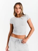 Trendy Queen 2 Piece Matching Summer Sweatsuit Lounge Set Womens Wide Leg Pants Side Ruching Crop Top Sets - Image 5