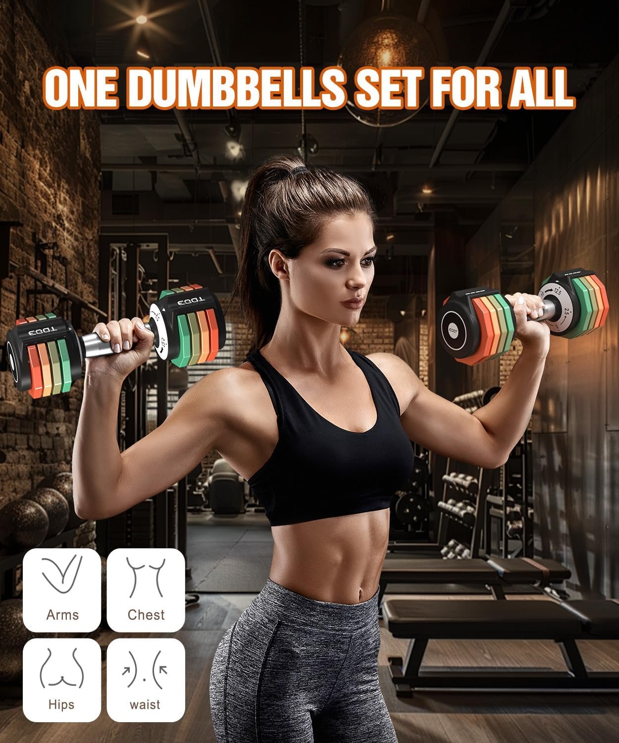 Adjustable Dumbbells Set/Single, 12.5LB/22.5LB/55LB 5 in 1 Free Adjustable Dumbbell Set with Anti-Slip Handle & Rainbow-colored Weight Plates for Home Gym, Weight Set for Women Men - Image 5