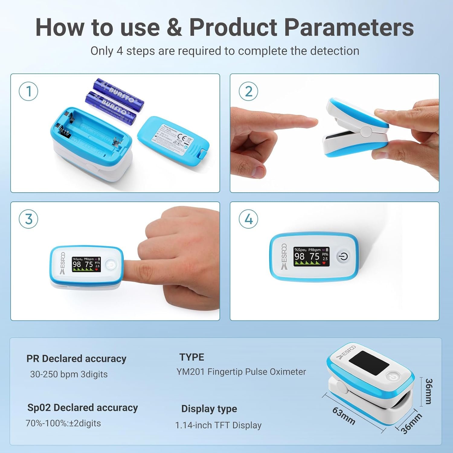 ESPOO Pulse Oximeter with 20 Memory, Oxygen Monitor Fingertip 4 Color TFT Display(SPO2), Alarm & Brightness Adjustable, Batteries & Lanyard Include(White&Blue) - Image 6