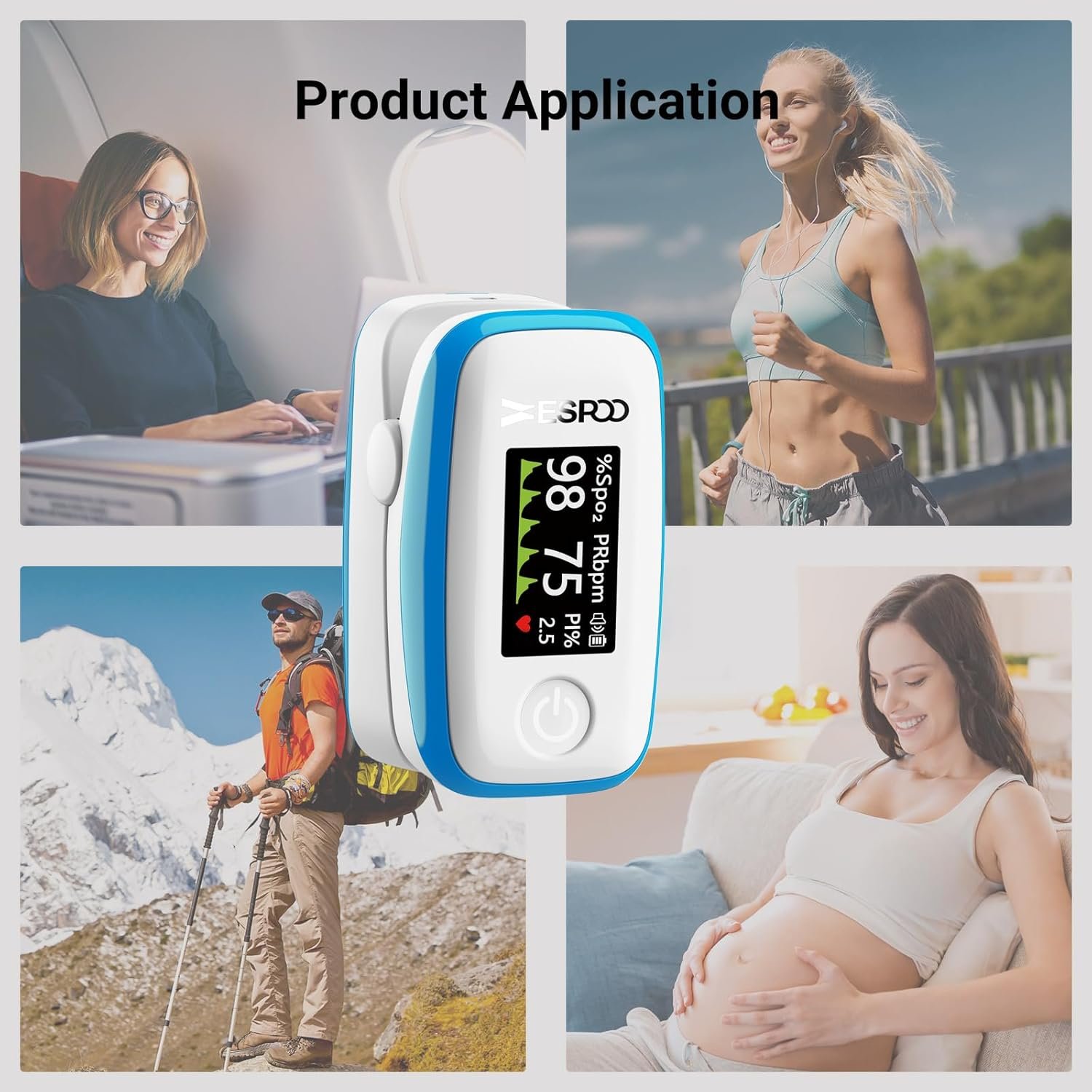 ESPOO Pulse Oximeter with 20 Memory, Oxygen Monitor Fingertip 4 Color TFT Display(SPO2), Alarm & Brightness Adjustable, Batteries & Lanyard Include(White&Blue) - Image 7