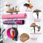 Bikoney Yoga Mat Holder Wall Mount Yoga Mat Storage Home Gym Accessories with Wood Floating Shelves and 4 Hooks for Hanging Foam Roller and Resistance Bands Fitness Home Gym Carbonized Black - Image 5