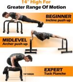 TABEKE Push Up Bar, 14'' High Steel Parallettes & Dip Bar with Full Coverage Foam Handle, Heavy-Duty Calisthenics Parallel Bars for L-Sit, Dips, Home Gym Strength Training Workout - Image 5