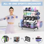 PLKOW Dumbbell Rack, Weight Rack for Dumbbells, Home Gym Storage for Dumbbells Kettlebells Yoga Mat and Balls, All in One Workout Storage with Wheels and Hooks, Powder Coated Finish Steel - Image 3
