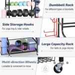 PLKOW Dumbbell Rack, Weight Rack for Dumbbells, Home Gym Storage for Dumbbells Kettlebells Yoga Mat and Balls, All in One Workout Storage with Wheels and Hooks, Powder Coated Finish Steel - Image 6