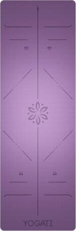 YOGATI® Yoga Mat with Strap with Alignment Lines. Home Workout Mat for Women, Men and Kids. Thick Non Slip Yoga Mat for Pilates and Fitness. Brown, Pink and Purple Yoga Mats - Image 3