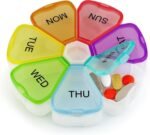 Premium Round Pill Box Organiser - BPA Free - Travel Tablet Boxes - Easy to Open Compartments Unique Spring AssistedOpen Design for Tablets, Vitamins, Medication and Cod Liver Oil (Multicolour) - Image 3