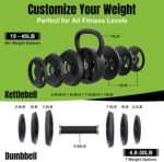2-in-1 Adjustable Kettlebell, 15-45 LB Kettlebells Weight Set with Wide Grip, 4.8-30 LB Dumbbell Weights for Home Gym Strength Training - Image 4