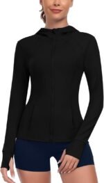 Women's Hooded Athletic Full Zip Workout Jacket With Pockets Running Slim Fit Yoga Sportwear With Thumb Holes - Image 3