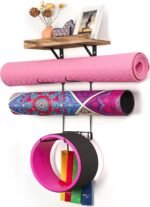 Bikoney Yoga Mat Holder Wall Mount Yoga Mat Storage Home Gym Accessories with Wood Floating Shelves and 4 Hooks for Hanging Foam Roller and Resistance Bands Fitness Home Gym Carbonized Black - Image 2