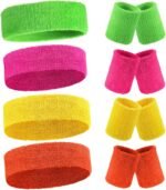 Civaner 12 Pcs 80s 90s Sweatbands Neon Sports Headbands Wristband Set for Men Women Party Cotton Headbands Terry Cloth Athletic Sweat Bands for Tennis Football Gym Outdoor Accessories - Image 2