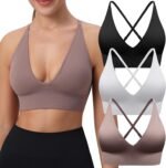 Evercute Women's Sports Bras 3/4 Pack Adjustable Deep V Neck Bras Wireless Spaghetti Strap Criss Cross Padded Low Support Bra - Image 2