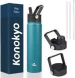Insulated Water Bottle 24oz Stainless Steel Sport Bottles with 3 Lids,Light Blue - Image 2
