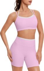 OMKAGI Workout Sets for Women Cute Doubel Layer Open Back Sports Bras Gym Shorts Outfits - Image 2