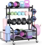 PLKOW Dumbbell Rack, Weight Rack for Dumbbells, Home Gym Storage for Dumbbells Kettlebells Yoga Mat and Balls, All in One Workout Storage with Wheels and Hooks, Powder Coated Finish Steel - Image 2