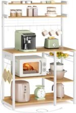 VASAGLE Bakers Rack with Power Outlet, 35.4 Inches Microwave Stand, Coffee Bar, 4 AC Outlets, with Adjustable Shelves, 8 S-Hooks, Basket, Spice Racks, Golden Oak and Cloud White UKKS031Y09 - Image 2