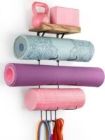 VINAEMO Yoga Mat Holder Accessories Wall Mount Organizer Storage Decor Foam Roller and Towel Storage Rack with 4 Hooks and Wooden Shelves Yoga Mats Rack Resistance Bands for Home Gym School Office - Image 2
