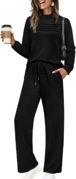WIHOLL Two Piece Sets for Women Fall Travel Vacation Outfits Long Sleeve Lounge Sets Side Slit Wide Leg Pants S-3XL - Image 2