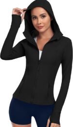 Women's Hooded Athletic Full Zip Workout Jacket With Pockets Running Slim Fit Yoga Sportwear With Thumb Holes - Image 2