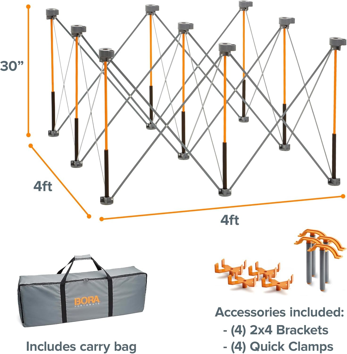 Bora Centipede 30in Folding Work Table Set - No Assembly 9-Strut Collapsible Table 3500lb Weight Limit - 4x4ft Mobile Work Station with Storage Bag, Foldable Work Bench Table - CK9S, Orange/Black - Image 3